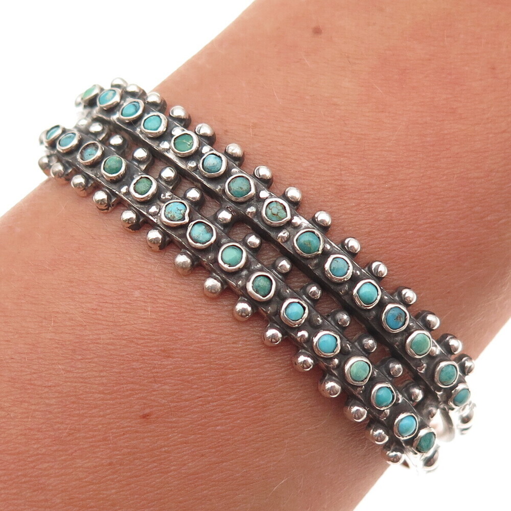 Old Pawn 925 Sterling Silver Vintage Turquoise Snake Eye Adjustable Bracelet 6"